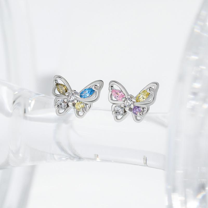 Exquisite Hollow Butterfly Earrings Korean Version With Niche Design And Compact Mini Colored Diamond Earrings