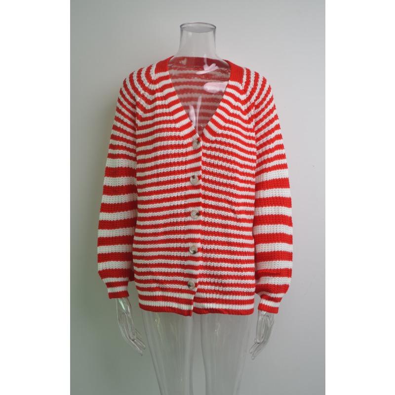 Осенне-зимний женский полосатый трикотажный свитер большого размера Loose Lazy однобортный кардиган с V-образным вырезом