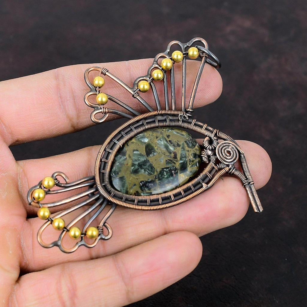 Copper Seraphinite Pendant Copper Wire Wrapped Pendant Dainty Gemstone Jewelry Handmade Bird Pendant Gift For Her Seraphinite Copper Jewelry