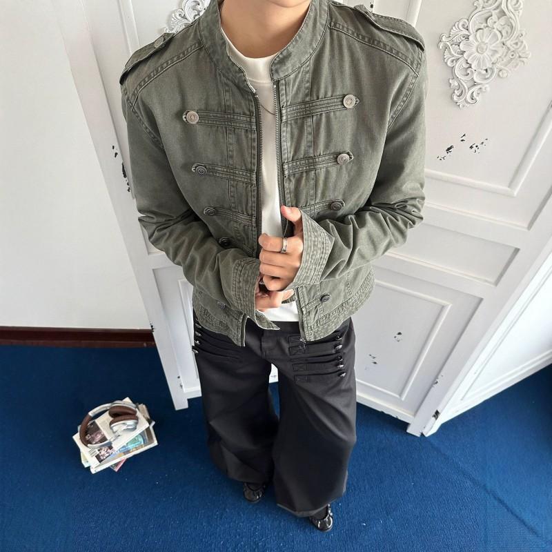 Vintage Distressed Napoleon Court Jacket Mens Boxy Slim Fit Metal Double Breasted Streetwear