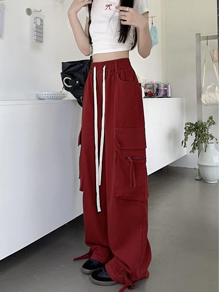 Trendy European & American Oversized Wine Red Cargo Pants - High-End Loose Wide-Leg Design
