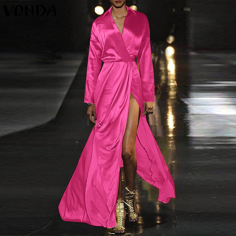 VONDA Женское модное однотонное атласное платье-рубашка с длинным рукавом и разрезом