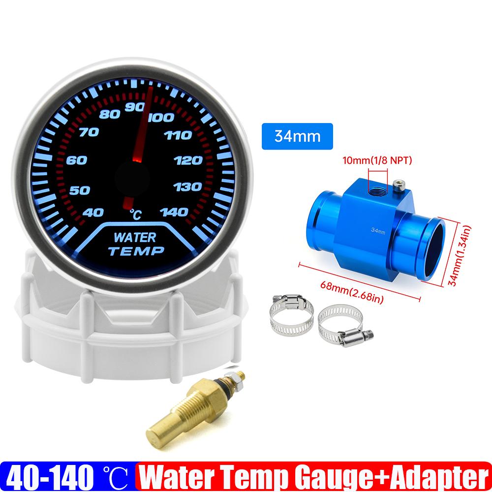 Smoked Faced 40-140℃ 52mm Water Temperature Gauge with Temp Joint Adapter Sensor Hose 26mm-40mm for Gasoline Racing Car 12V