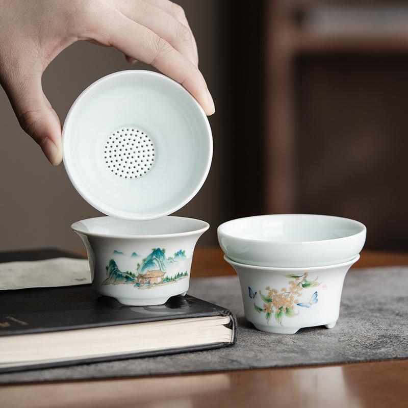 New retro celadon landscape flower bird tea leak Chinese ceramic tea filter tea set accessories tea separation filter set
