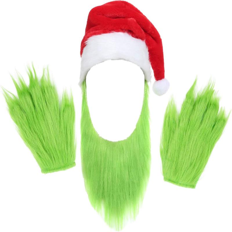 Mens Green Beard Santa Hat With Furry Gloves For Adult Christmas Cosplay Costume Accessories