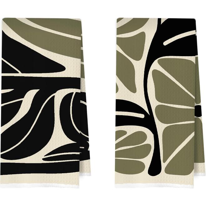 Boho Abstract Floral Kitchen Towels Set - Retro Green Black Flower Decorative Waffle Dish Towels, Mid Century Modern Decorative Hand Tea Towel, 16x24