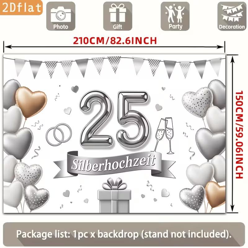 2D 25th Silver Wedding Backdrop, Silberhochzeit Themed Party Photography Background Banner