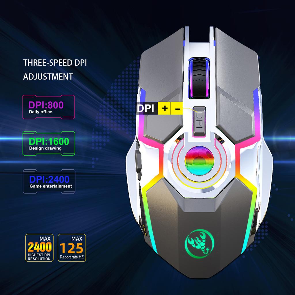 HXSJ T30 Wireless Mouse 2.4G USB Receiver with 5 Backlit RGB Mode Mechanical Gaming Mouse for PC