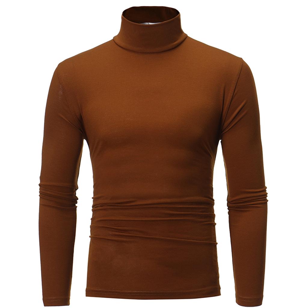 Men Casual High Neck Long Sleeve T-shirt Solid Color Slim Fit Pullover Undershirt Thermal Base Shirt