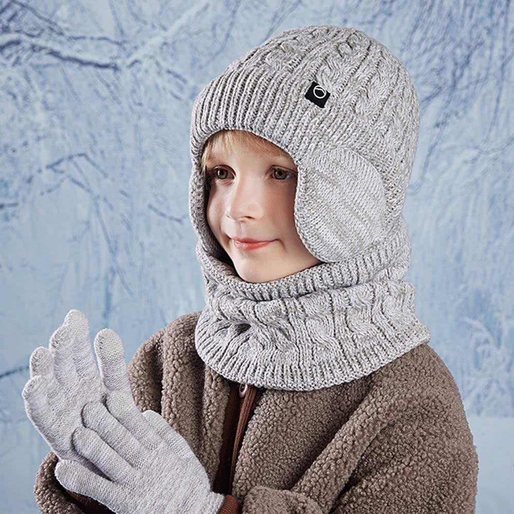 Fleece Lined Kids Earflap Beanies Warm Touchscreen Gloves 4-10Y Knit Ski Hat for Boys and Girls