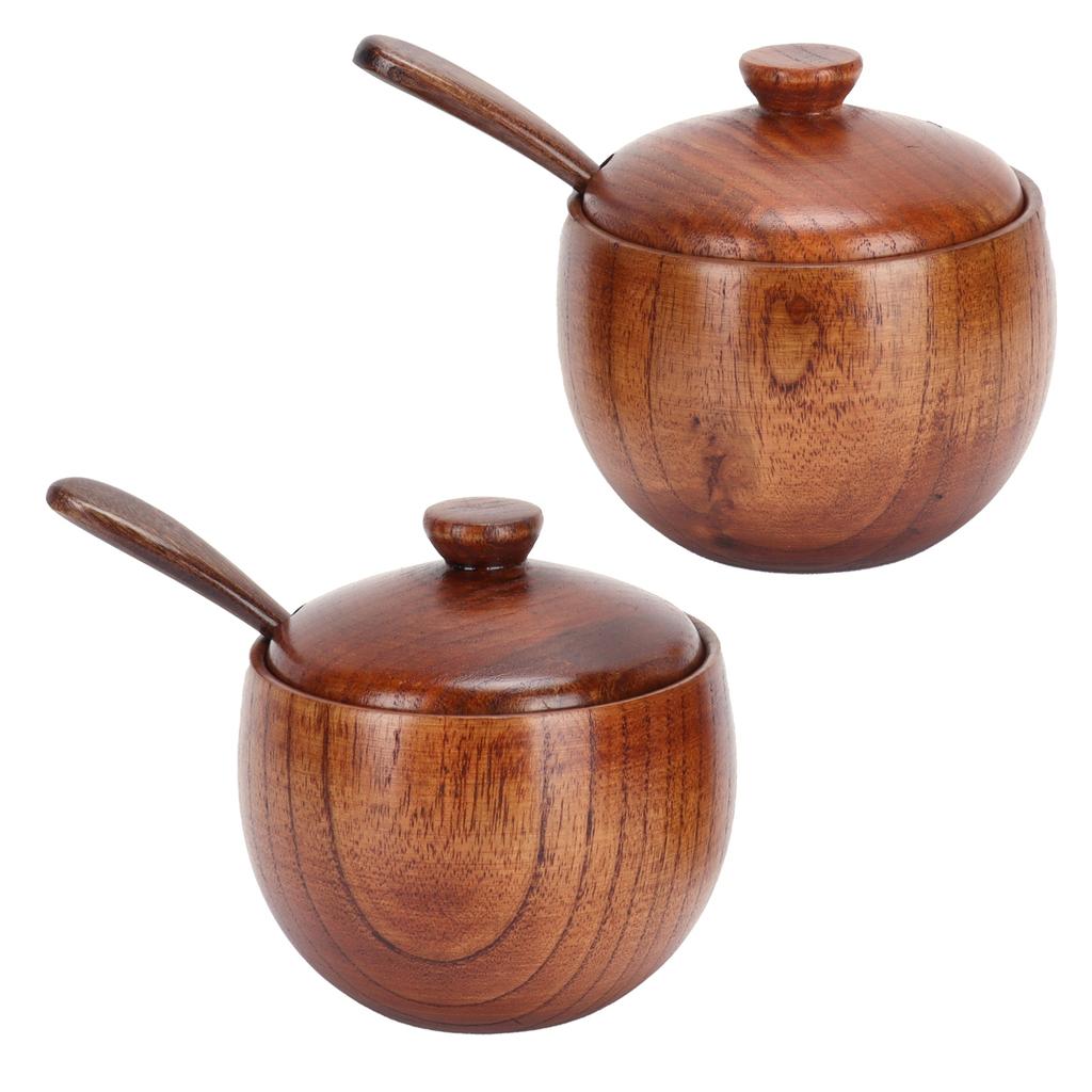 2Set Japanese Seasoning Jar Retro Wooden Condiment Container with Lid and Spoon for Kitchen