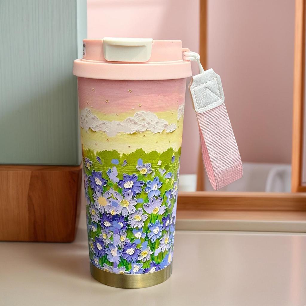 Thermal Mug 500ml Insulated Travel Mug Flower Pattern Double Drink Modes Water Bottle With Lanyard And Lid Leak-Proof Cup For