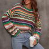 Модный женский свитер с круглым вырезом, свободный свитер в радужную полоску с длинным рукавом, топ