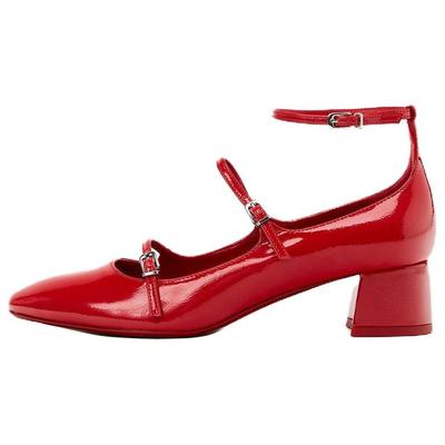 Туфли Мэри Джейн на высоком каблуке из искусственной кожи, на толстом каблуке, 4 см, женские, красные, 12216310600