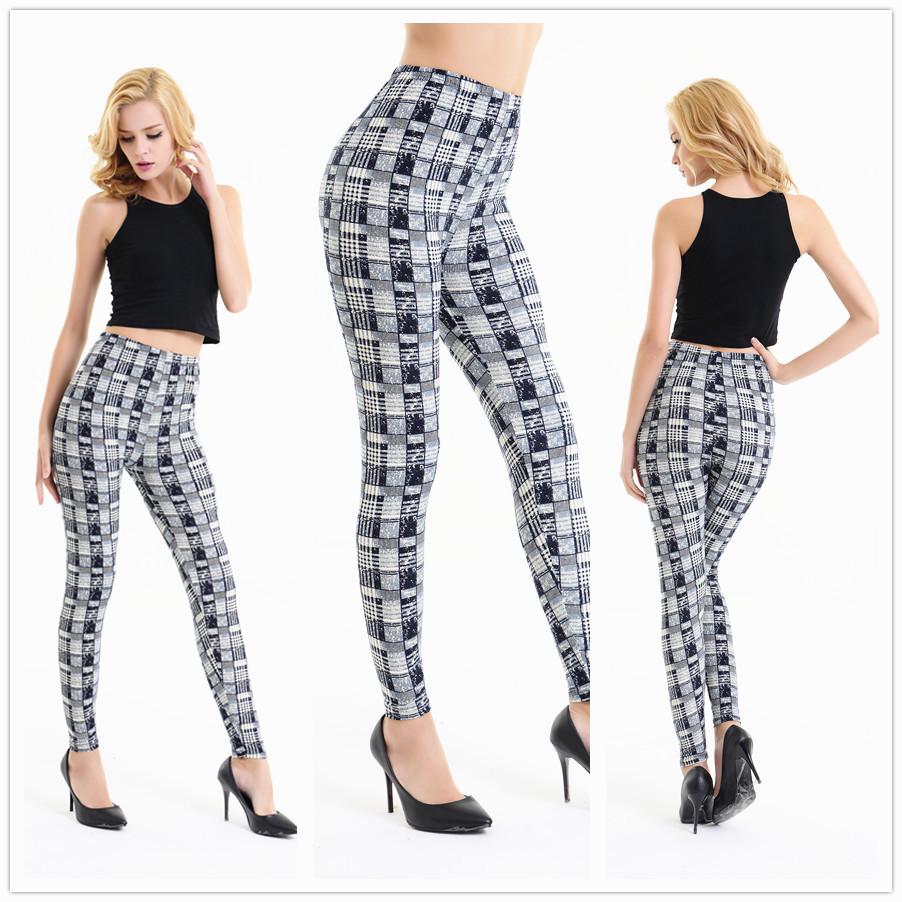 Европейские и американские полосатые клетчатые утягивающие леггинсы длиной девять точек больших размеров