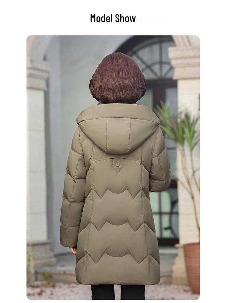 Женская удлиненная пуховая куртка с капюшоном - Теплое зимнее пальто из пуха белой утки для мам среднего возраста (2025)