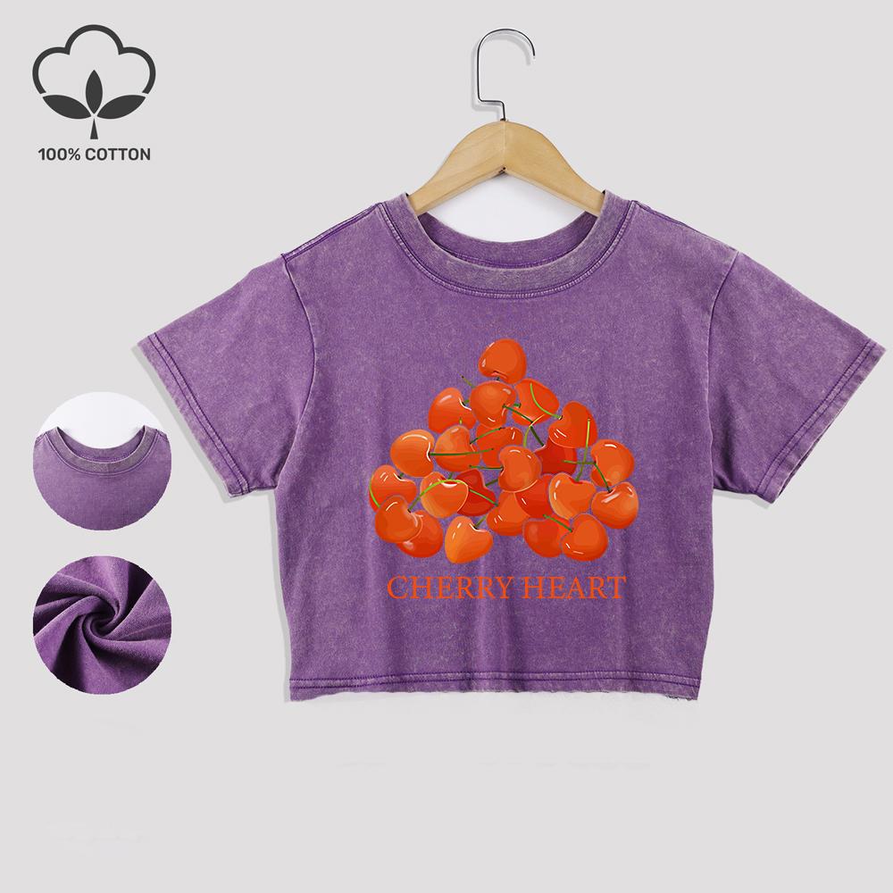 Хлопковые футболки с принтом в виде свежих вишен и сердец, трендовые летние кроп-топы с кружевной отделкой, футболки с круглым вырезом и стандартной посадкой, повседневная одежда