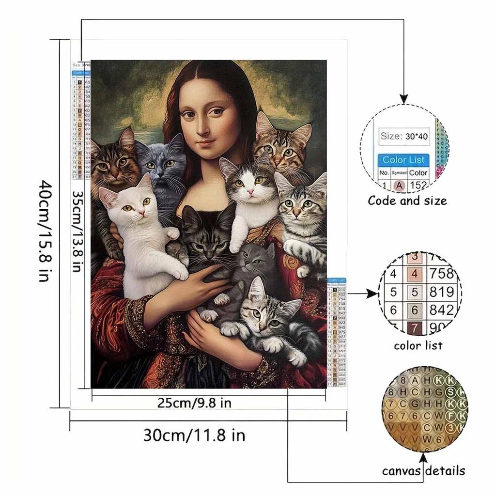 Diamond Painting Set  DIY 5D Full Diamond Mona Lisa with Many Cute Cats Crafts for Home Wall Decoration