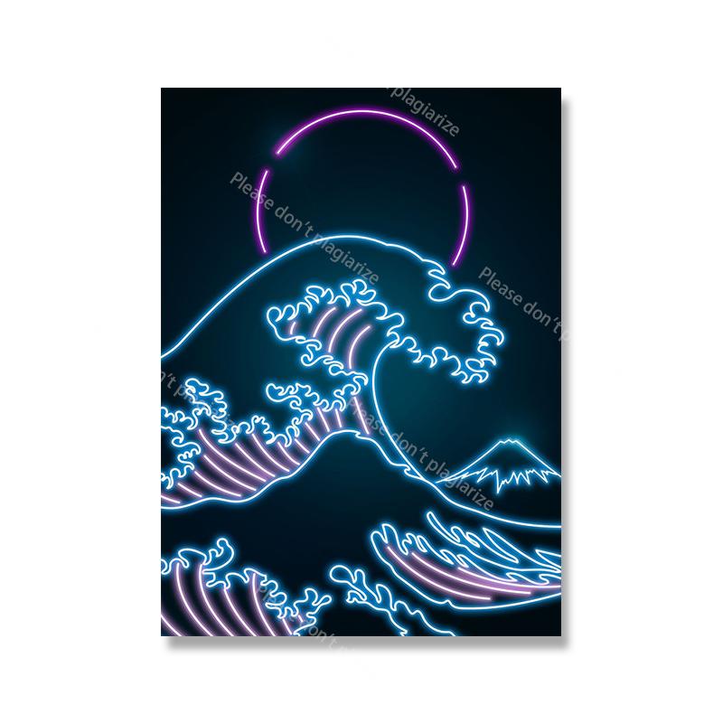 Oriental Retro Neon Canvas Painting Tsuru Sakura Mural Japanese Wave Mount Fuji Samurai Art Poster Print Living Room Home Decor