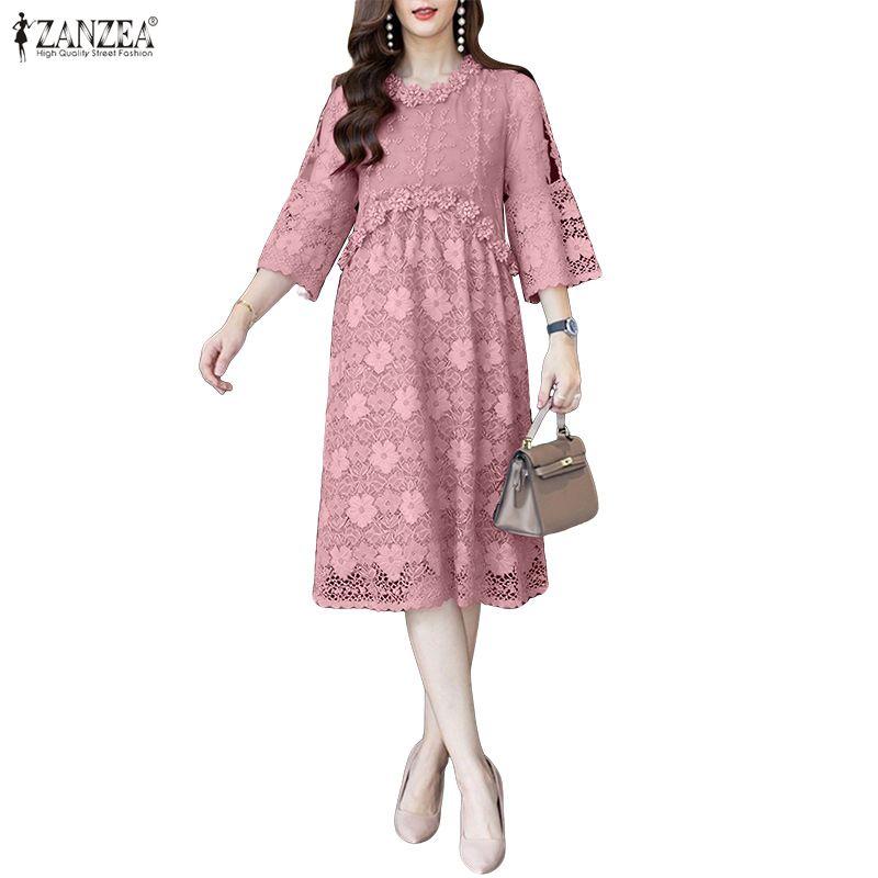 ZANZEA Женское повседневное элегантное кружевное платье с круглым вырезом и рукавами 3/4