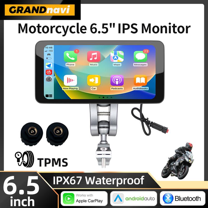6.5" Motorcycle Smart Display Wireless CarPlay Android Auto Removable Bracket Portable IP67 Waterproof Bluetooth Monitor