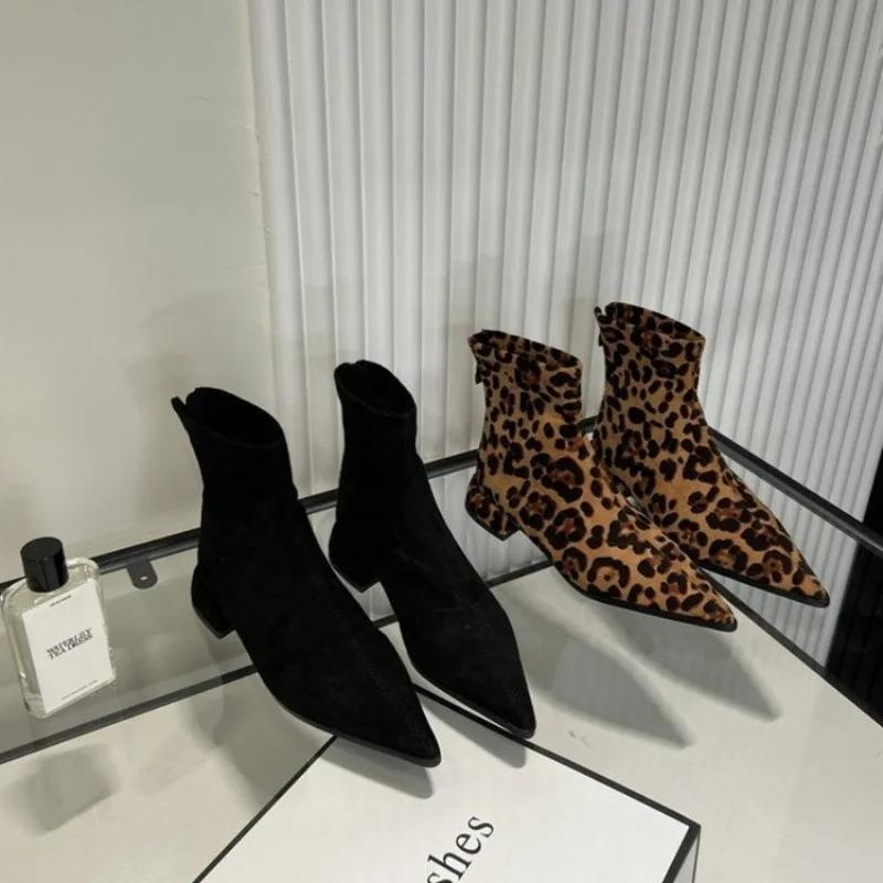 Women's Boots  New Spring Stiletto Heel Ankle Boots Fashionable Leopard Print Side Zipper Large Size Medium Heel Ankle Boots