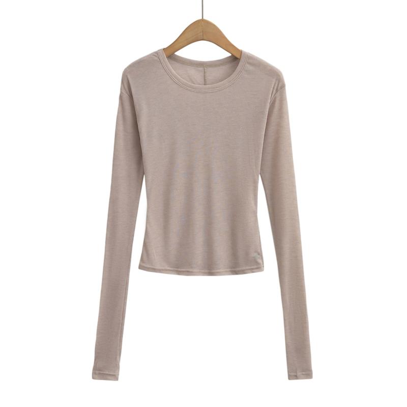 Women Crew Neck Fitted Long Sleeve Semi Sheer T-shirt