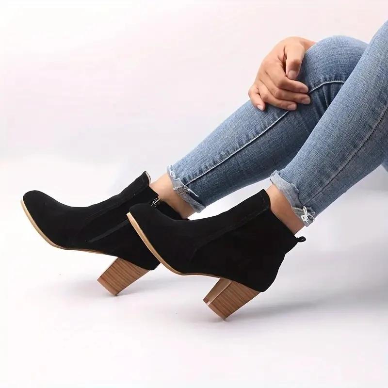 2024 Women's Shoes Ankle Women's Boots Retro Modern Boots Women Sewing Round Toe Chunky Heels Side Zip Plus Size Ladies Shoes