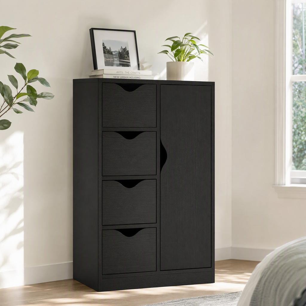 Storage Cabinet Sideboard With 1 Door And 4 Drawers Wooden For Living Room Kitchen Entryway Dining Room Black