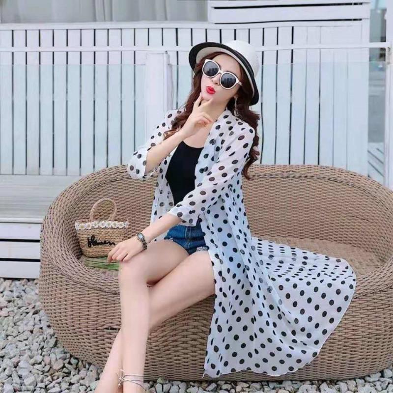 Spring Summer Mid Length Women's Thin Light Spotted Air-conditioned Shirt Draped Over A Shawl Sun Protection Long Sleeved Beach Jacket
