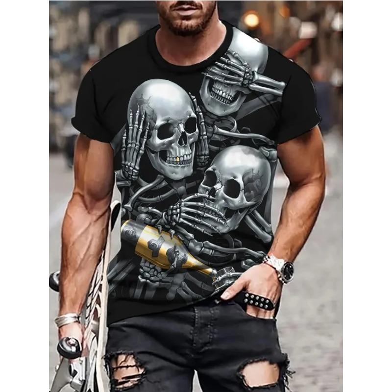 Men's 3D Hat Skull Print T-Shirt Casual Crew Neck Short Sleeve Tee Personality Punk Graphic T Shirts
