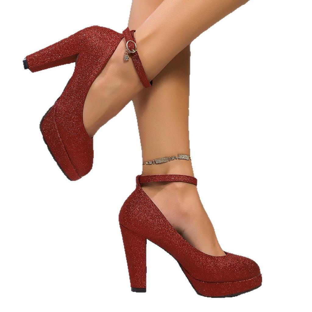 Spring New Patent Leather High-heeled Professional Waterproof Table One-word Buckle with Shallow Mouth Single Shoes High Heels, Women's Large Size Sho