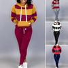 2 Pcs/Set Women Hoodie Pants Set Elastic Waist Striped Color Matching Hooded Long Sleeves Warm Drawstring Plus