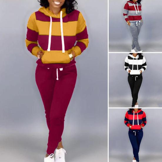 2 Pcs/Set Women Hoodie Pants Set Elastic Waist Striped Color Matching Hooded Long Sleeves Warm Drawstring Plus