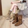 2025 Korean Style Women's Retro Soft Leather Round Toe Flat Heel Pleated Suede Ankle Boots