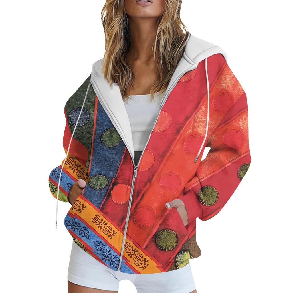 Women's Long Sleeve Print Sweatshirt Long Sleeve Pocket Jacket Zipper Hoodie Coat