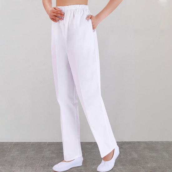 Летние брюки для медсестры со средней посадкой и эластичной резинкой на талии, широкие длинные брюки, однотонные женские рабочие брюки с карманами