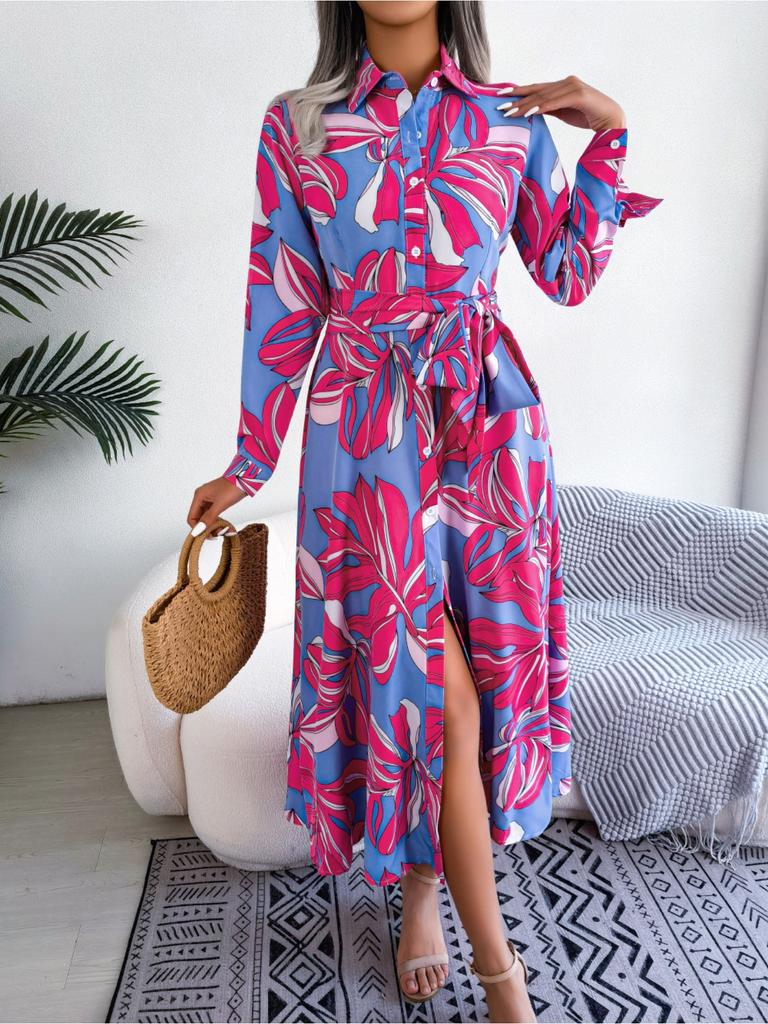 Turndown Collar Printing Button Dress High Waist Elegant Shirt Dress for Women Long Sleeve Loose Dresses Causal Dress