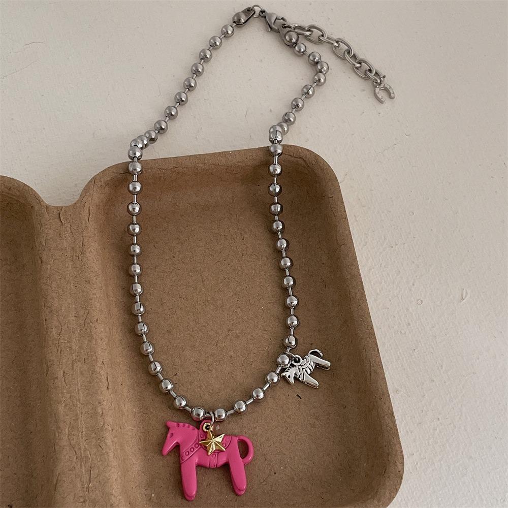 Alloy Horse Pendant Necklace Silver Plated Beads Neck Chain Enamel Pendant Necklace  for Women