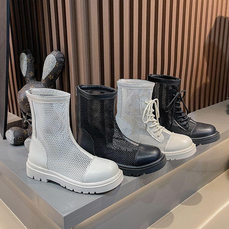 Летние ботинки на шнуровке в сетку, дышащие женские ботинки с высоким каблуком, красные полые ботинки, студенческие сапоги в сетку