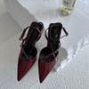 Summer Ladies Pumps Fashion Pointed Toe Ankle Strap Buckle Patent Leather Wine Red High Heeled Sandals Women
