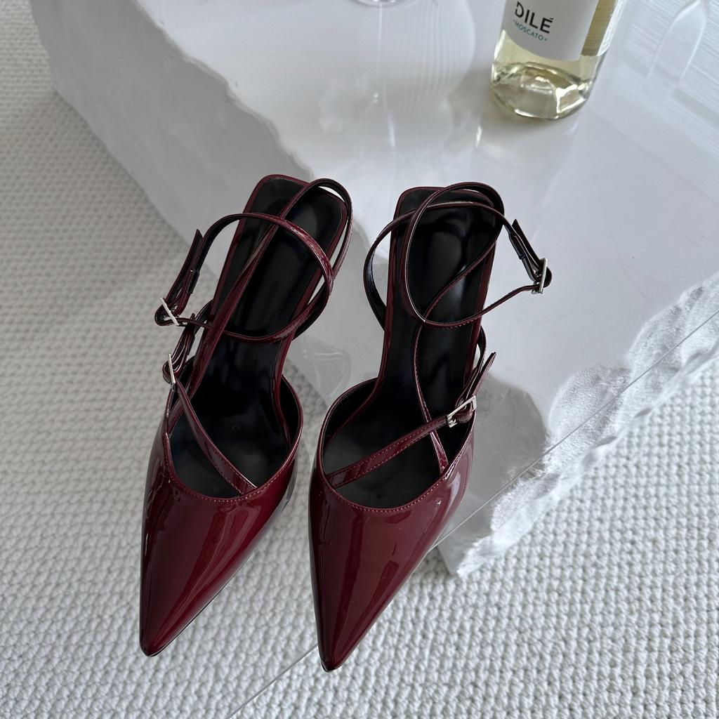 Summer Ladies Pumps Fashion Pointed Toe Ankle Strap Buckle Patent Leather Wine Red High Heeled Sandals Women