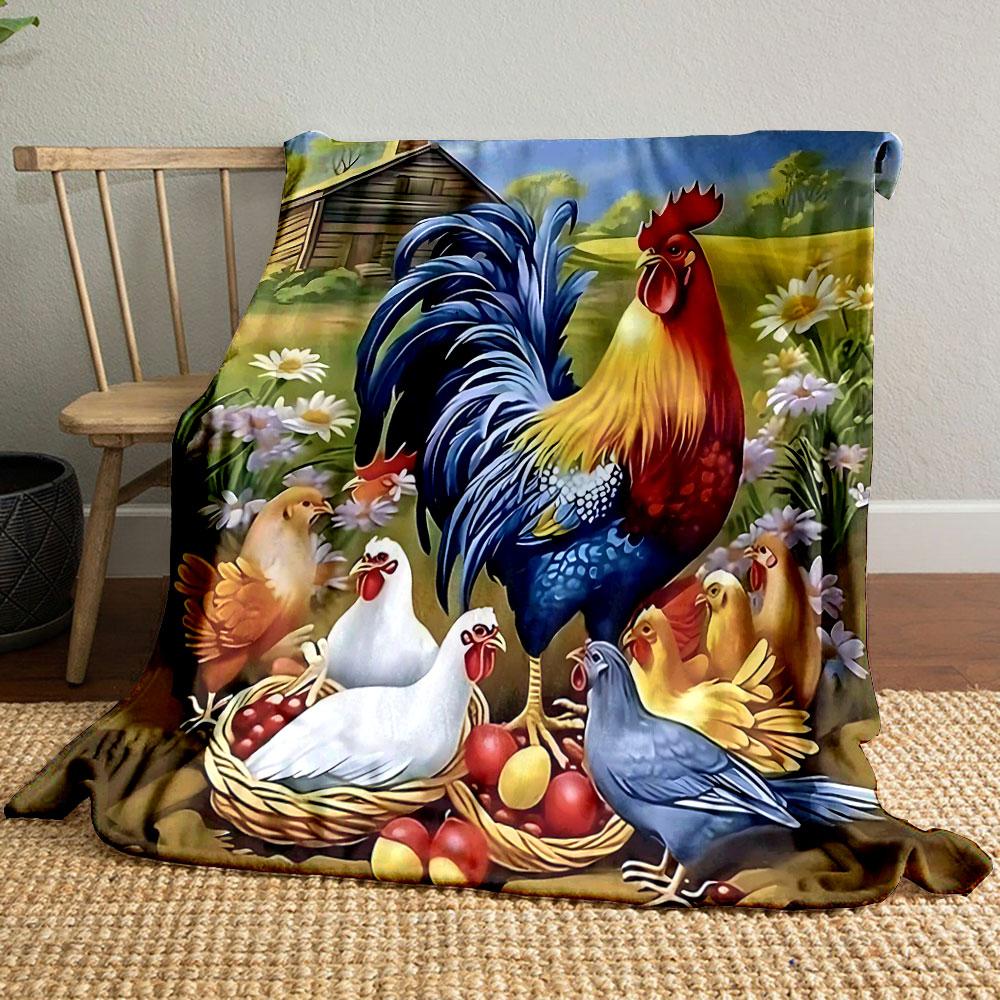 Rooster and Chickens on Farm Scene print blanket soft and cozy perfect for the living room bed sofa or a nap,gift
