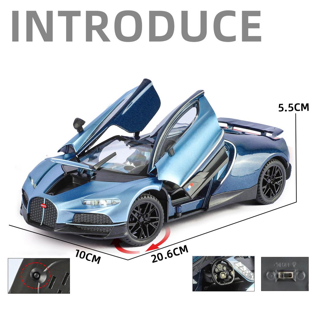 1/24 Bugatti Tourbillon Суперкар Металлическая Модель Автомобиля Со Звуком и Светом Оттяжка Детская Игрушка Коллекционные Предметы Подарок на День Рождения