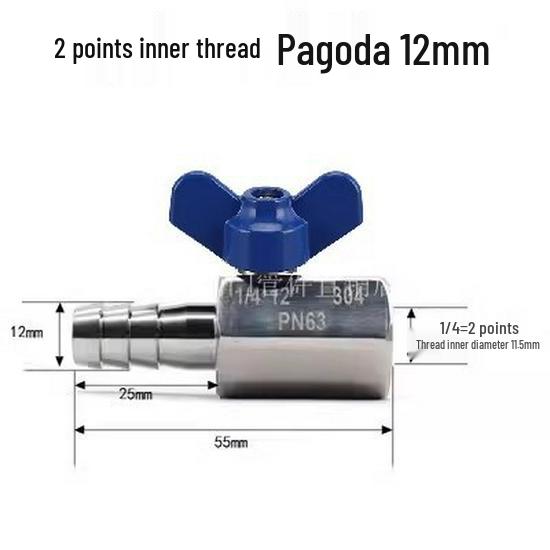 304 Stainless Steel Mini Ball Valve with Butterfly Handle, Internal/External Threads, High Pressure, 4-Way Pagoda Tube Connector.