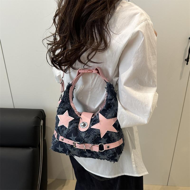 Pink Star Purse and Handbags Aesthetic Plaid Denim Shoulder Bag Punk Leisure Outdoor Crossbody Bag For Women CLE