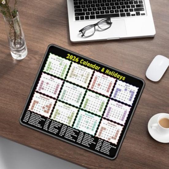 2026 Desk Calendar Mouse Pad Non-Slip Practical Date Planner with Full Year Layout & US Holidays Office Computer Mat for Home Office