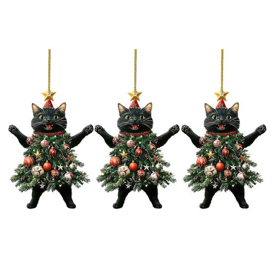 Christmas Cat In Christmas Tree Acrylic Hanging Ornament 2D Flat Car Rearview Mirror Charm Holiday Gifts for Cat Lovers