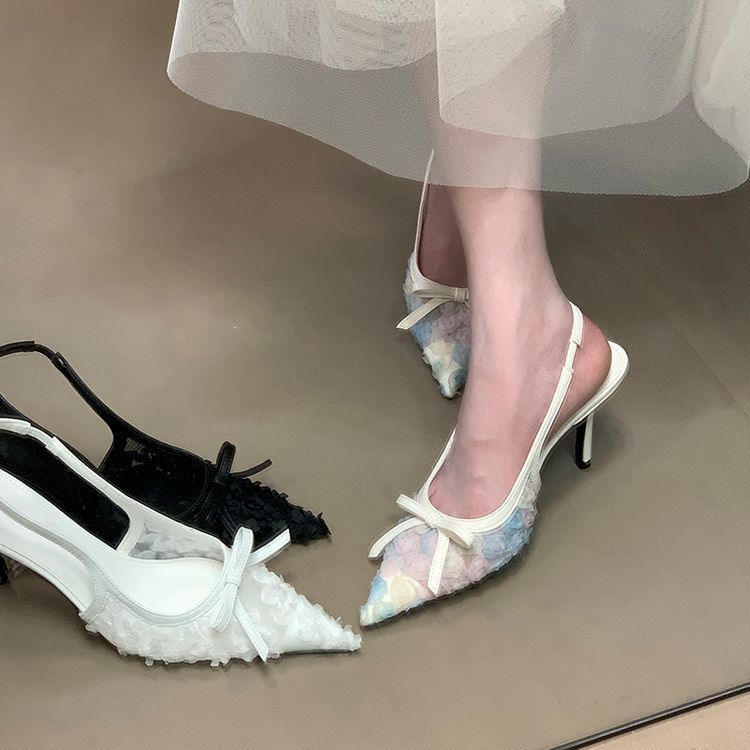 Цветочная сетка пряжа цветок заостренный носок тонкий каблук верхняя одежда летняя фея стиль бант головка сандалии женщина