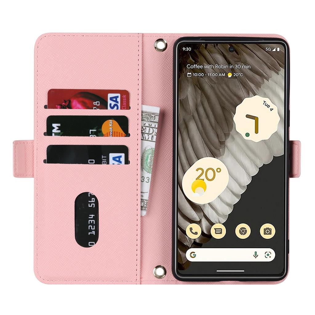 For Google Pixel 7 Pro 5G Stand Case Cross Texture PU Leather Wallet Phone Cover with Shoulder Strap/Makeup Mirror